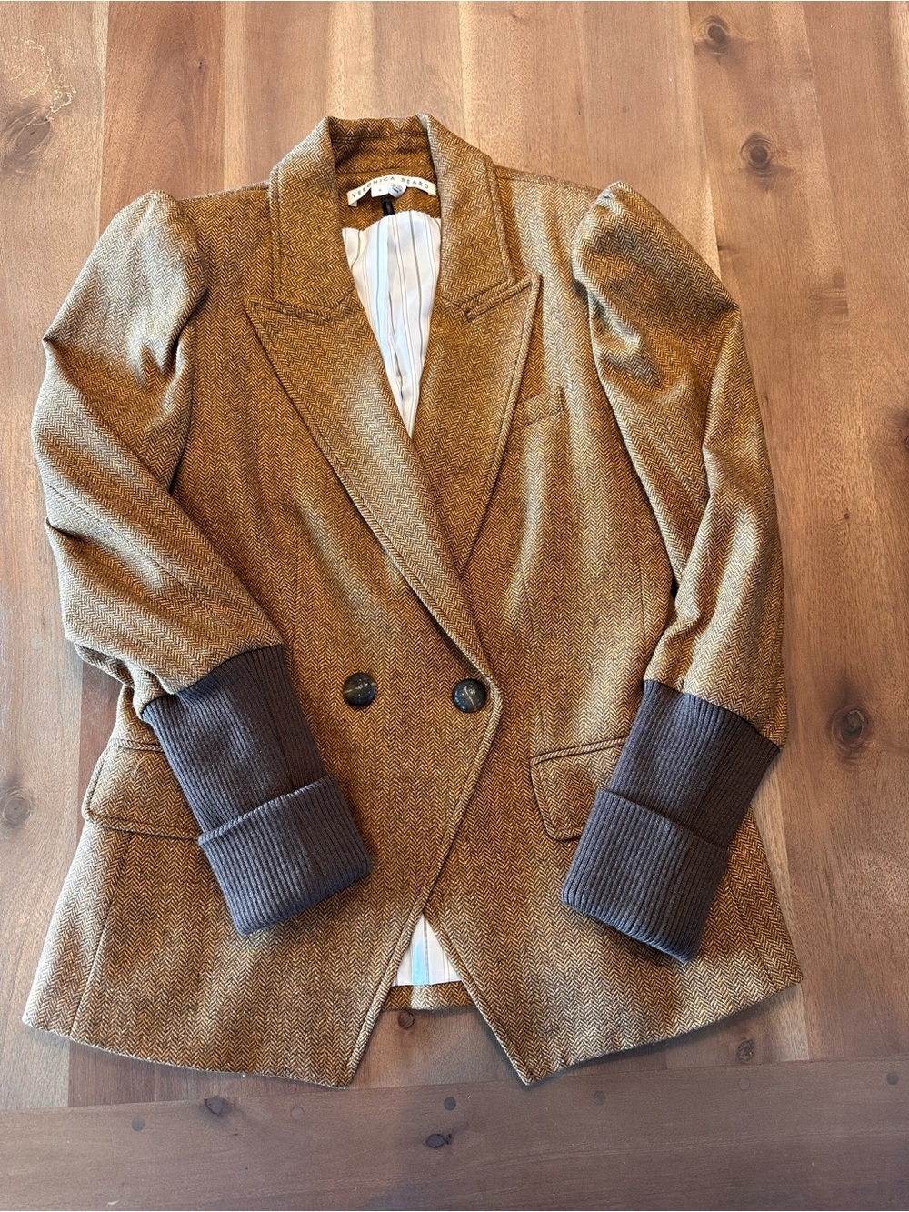 Veronica Beard Brown Herringbone Double-Breasted Dickey Blazer with Rib Cuffs